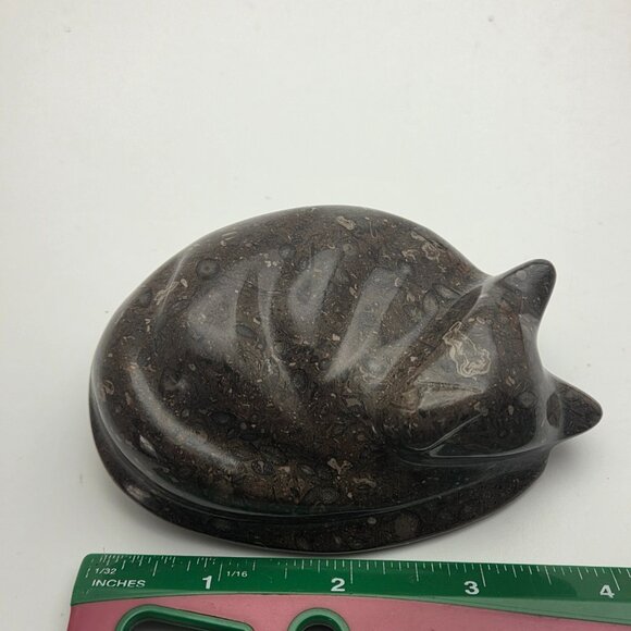 Black Sleeping Cat Kitty Natural Carved Fossil Stone Pakistan - Picture 10 of 12